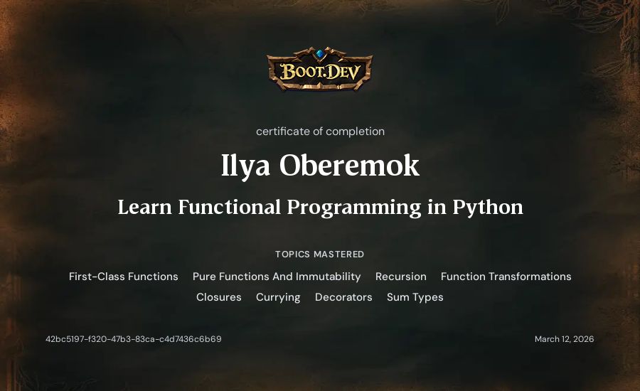Ilia Oberemok's Boot.dev Learn Functional Programming in Python certificate