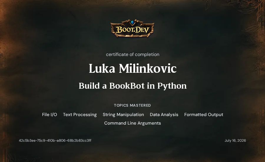 Luka Milinkovic's Boot.dev Build a BookBot in Python certificate