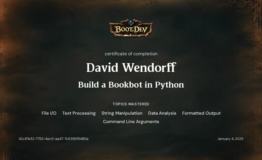 David Wendorff's Boot.dev Build a BookBot in Python certificate