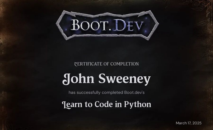 John Sweeney's Boot.dev Introduction to Python Course certificate