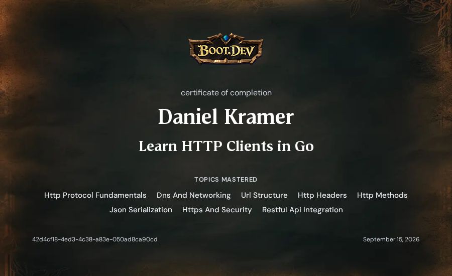 Daniel Kramer's Boot.dev Learn HTTP Clients in Go certificate