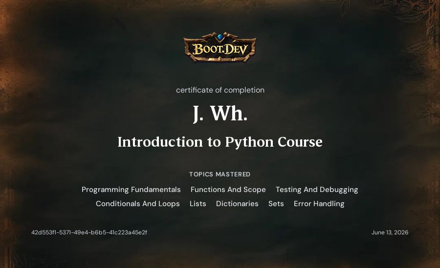 J W's Boot.dev Introduction to Python Course certificate