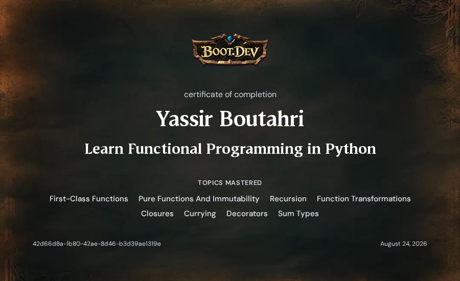 Yassir Boutahri's Boot.dev Learn Functional Programming in Python certificate