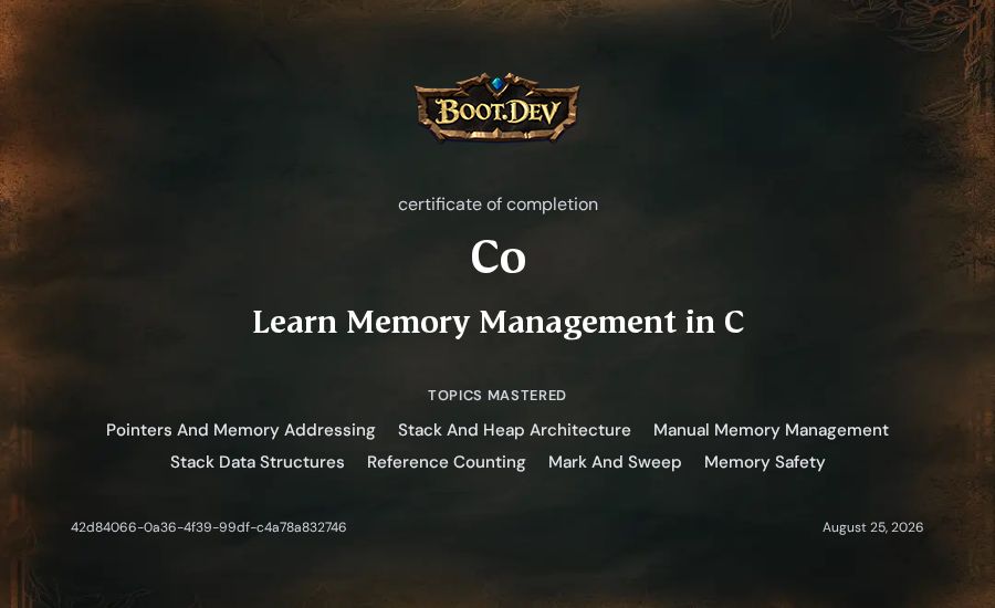Co's Boot.dev Learn Memory Management in C certificate