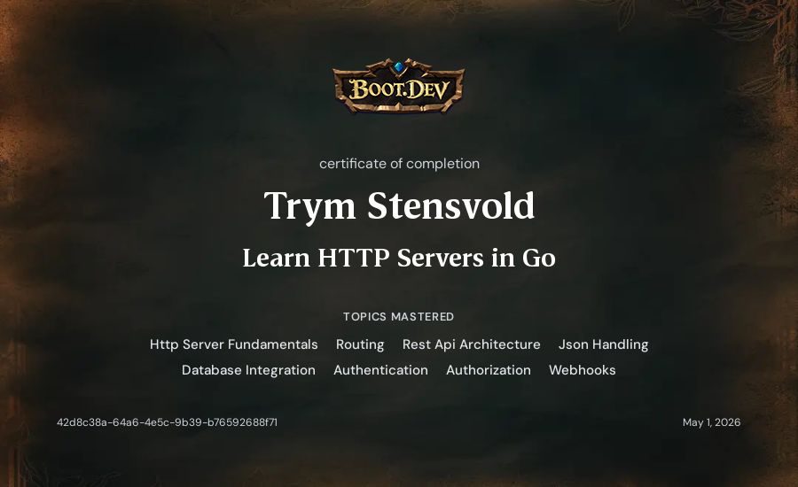 Trym Stensvold's Boot.dev Learn HTTP Servers in Go certificate