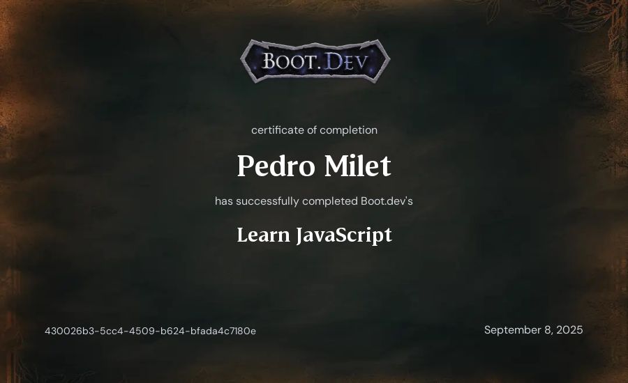 Pedro Milet's Boot.dev Learn JavaScript certificate