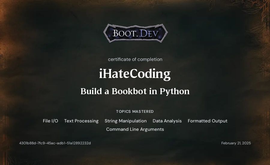 lane wagner's Boot.dev Build a BookBot in Python certificate