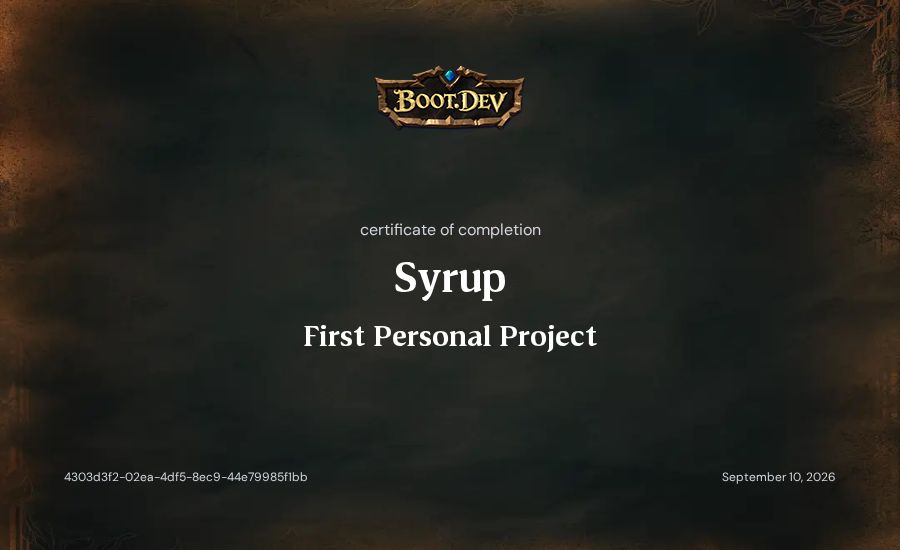 Syrup's Boot.dev First Personal Project certificate