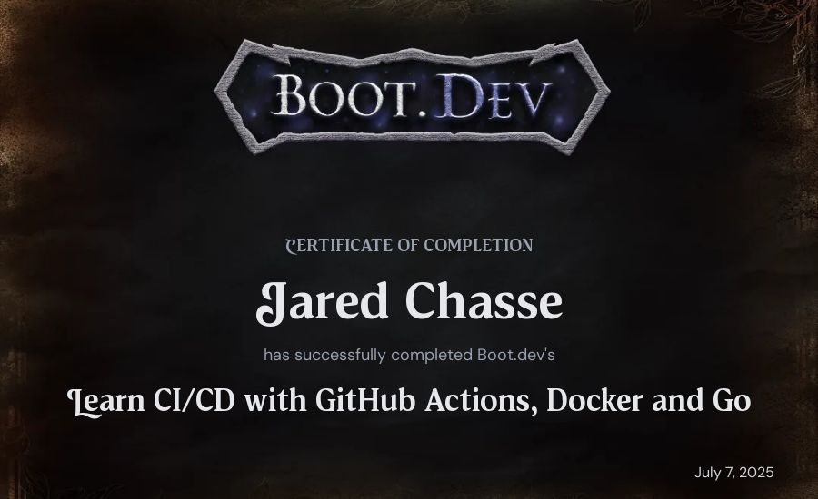 Jared Chasse's Boot.dev Learn CI/CD with GitHub Actions, Docker and Go certificate
