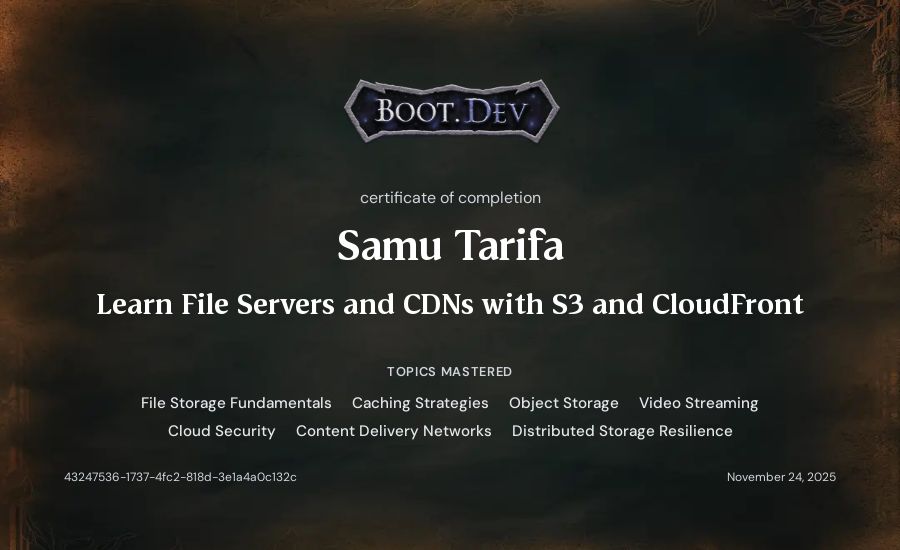 Samu Tarifa's Boot.dev Learn File Servers and CDNs with S3 and CloudFront certificate