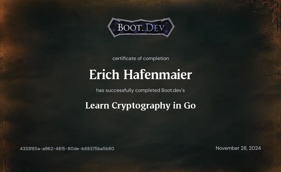 Erich Hafenmaier's Boot.dev Learn Cryptography in Go certificate