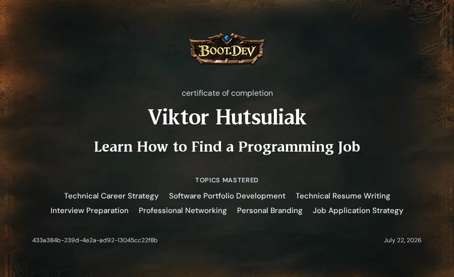 Viktor Hutsuliak's Boot.dev Learn How to Find a Programming Job certificate