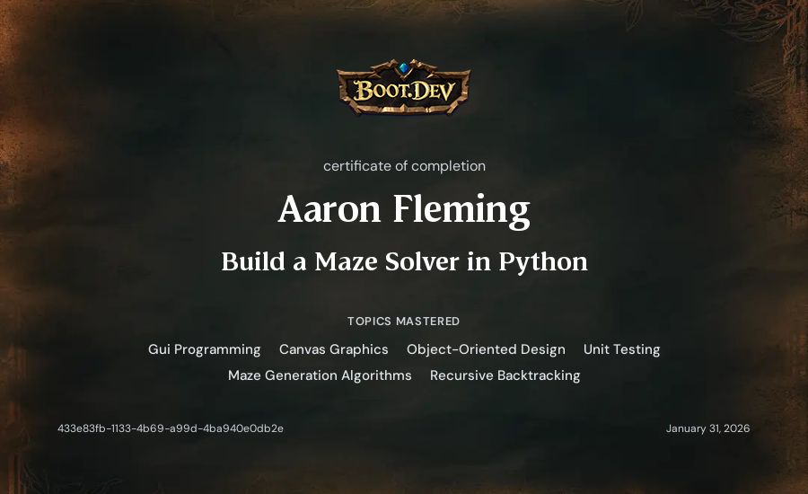 Aaron Fleming's Boot.dev Build a Maze Solver in Python certificate
