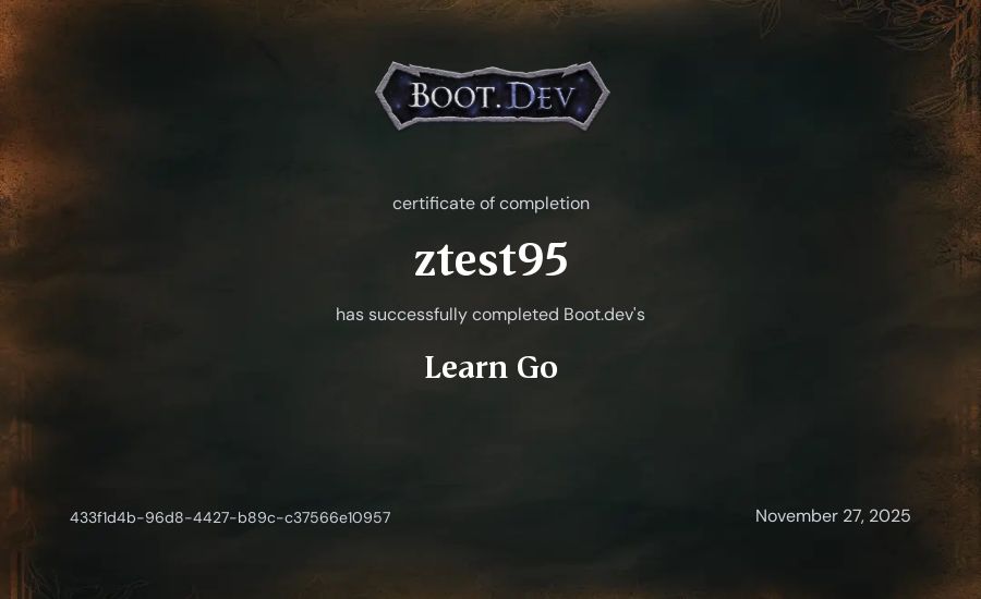ztest95's Boot.dev Learn Go certificate
