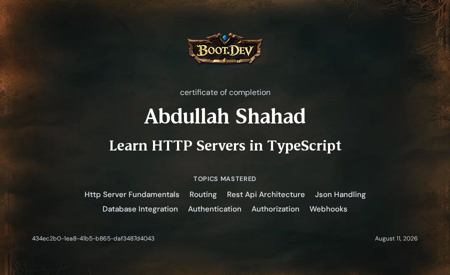 Abdullah Shahad's Boot.dev Learn HTTP Servers in TypeScript certificate