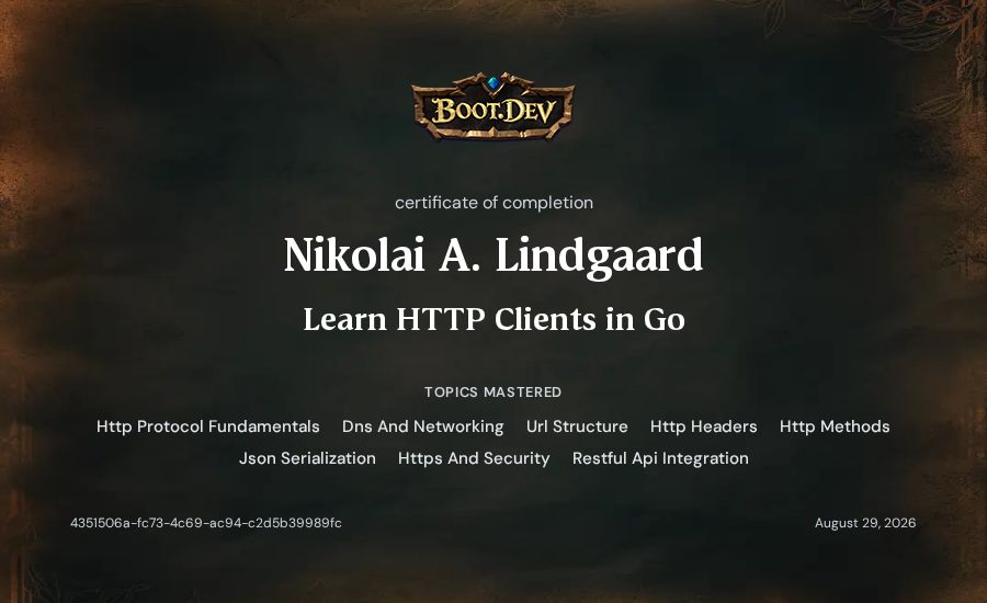 Nikolai A. Lindgaard's Boot.dev Learn HTTP Clients in Go certificate