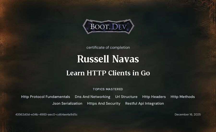 Russell Navas's Boot.dev Learn HTTP Clients in Go certificate