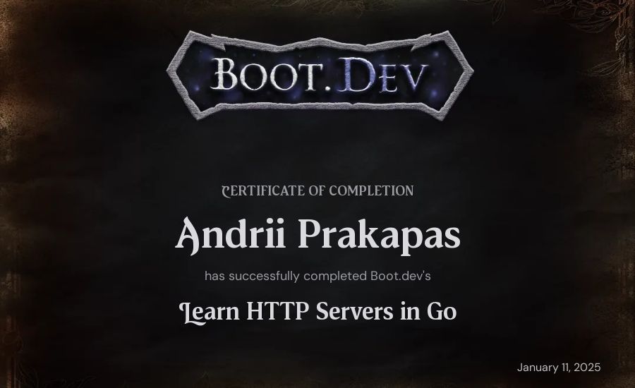 Andrii Prakapas's Boot.dev Learn HTTP Servers in Go certificate