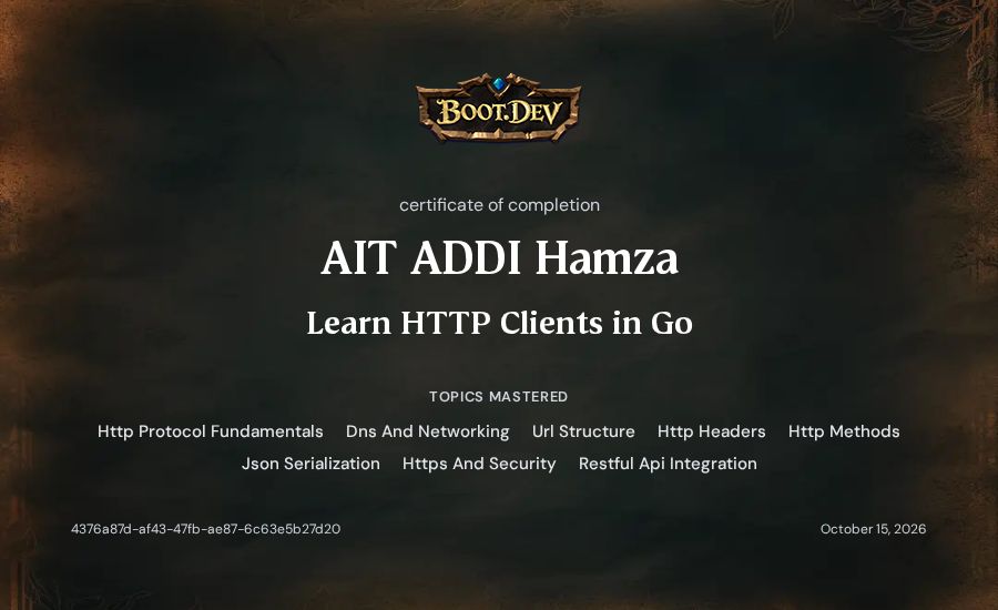 AIT ADDI Hamza's Boot.dev Learn HTTP Clients in Go certificate