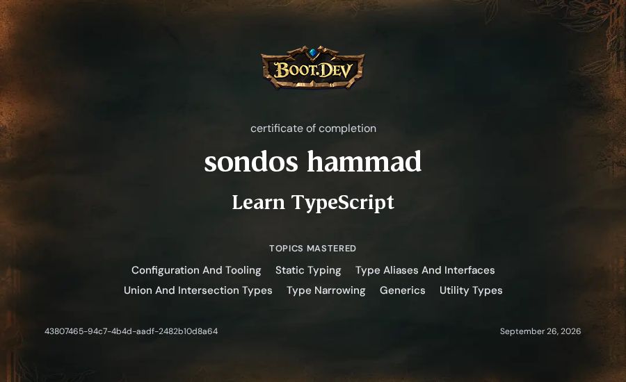 sondos hammad's Boot.dev Learn TypeScript certificate