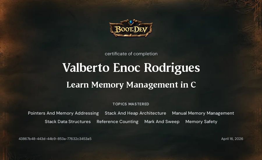 Valberto Enoc Rodrigues's Boot.dev Learn Memory Management in C certificate