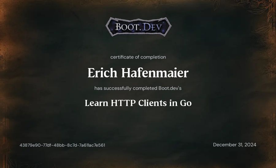 Erich Hafenmaier's Boot.dev Learn HTTP Clients in Go certificate