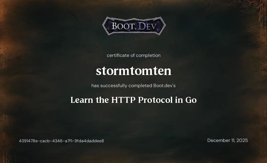 stormtomten's Boot.dev Learn the HTTP Protocol in Go certificate