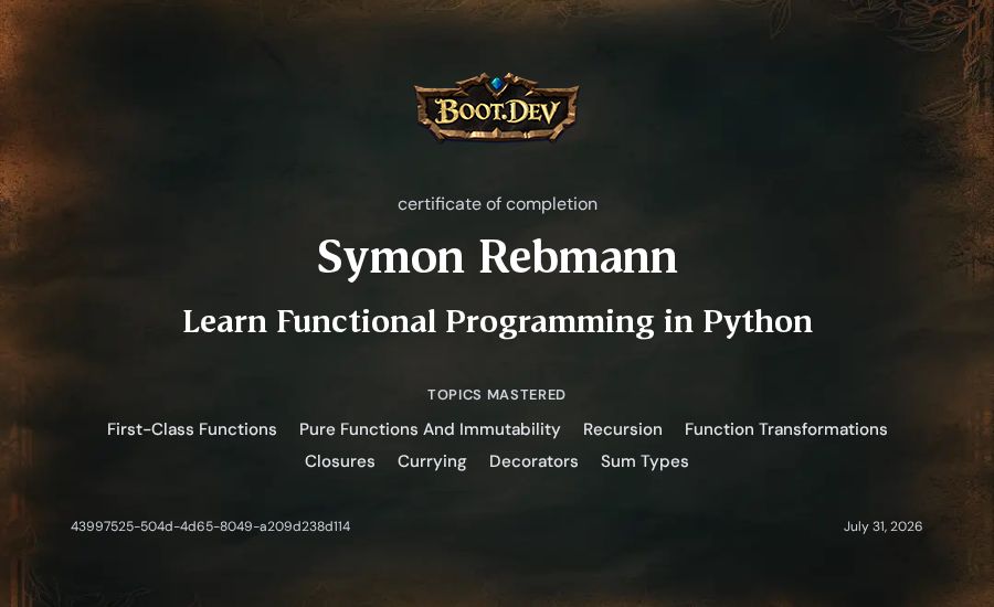 Symon Rebmann's Boot.dev Learn Functional Programming in Python certificate