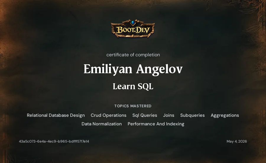 Emiliyan Angelov's Boot.dev Learn SQL certificate