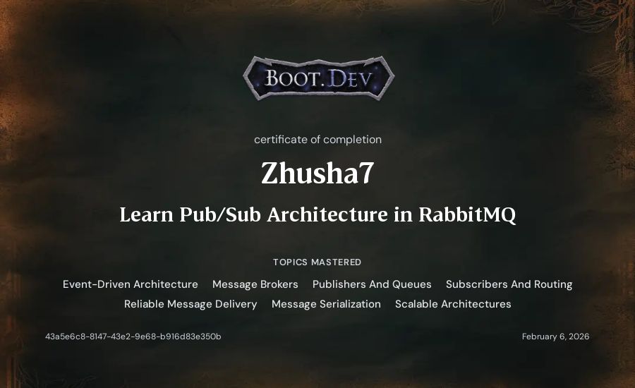 Zhusha7's Boot.dev Learn Pub/Sub in RabbitMQ and TypeScript certificate