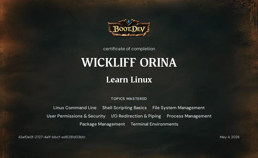WICKLIFF ORINA's Boot.dev Learn Linux certificate