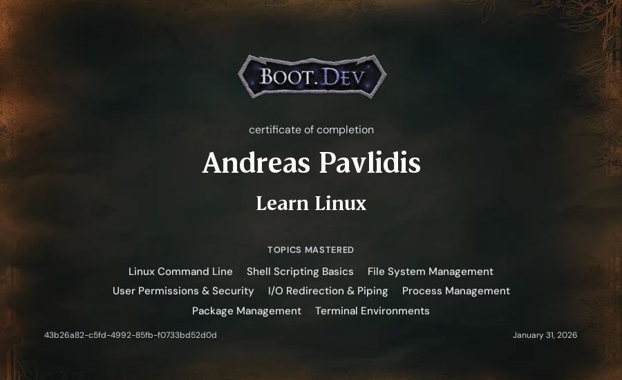 Andreas Pavlidis's Boot.dev Learn Linux certificate