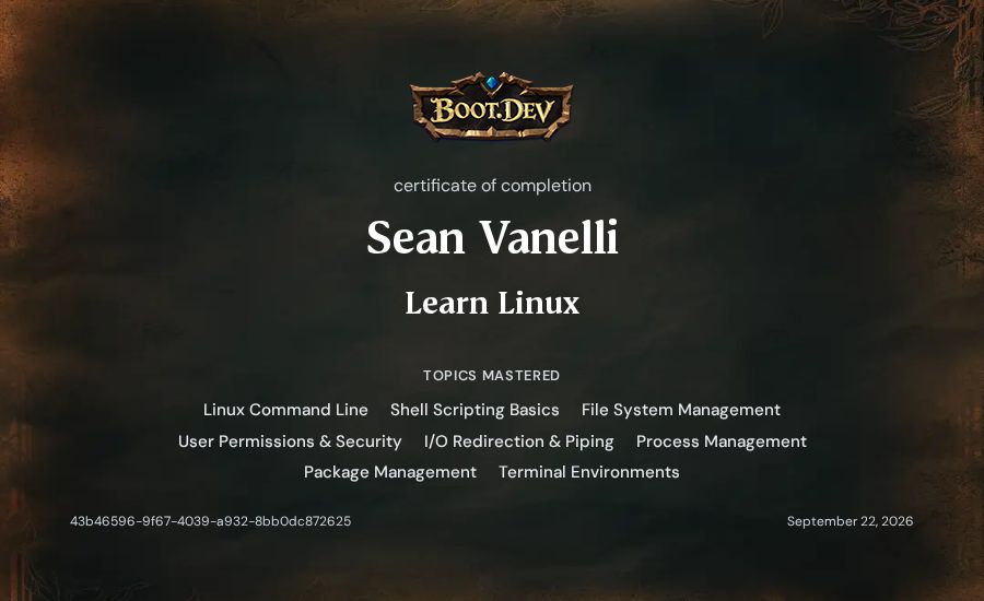Sean Vanelli's Boot.dev Learn Linux certificate