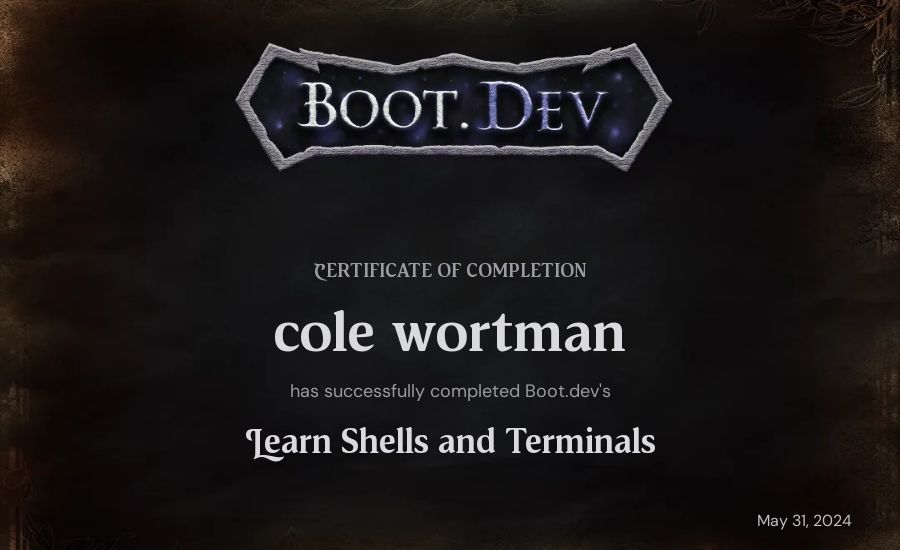 cole wortman's Boot.dev Learn Linux certificate