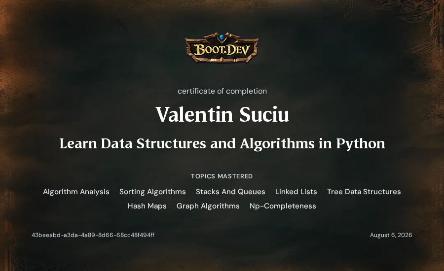 Valentin Suciu's Boot.dev Learn Data Structures and Algorithms in Python certificate