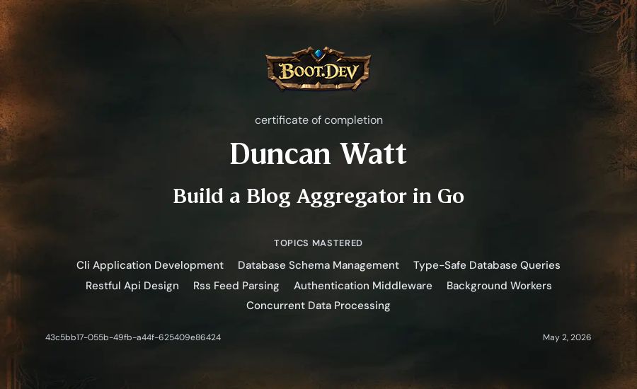 Duncan Watt's Boot.dev Build a Blog Aggregator in Go certificate
