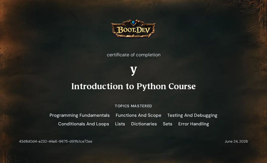 y's Boot.dev Introduction to Python Course certificate