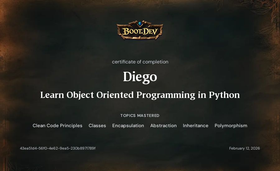 Diego's Boot.dev Learn Object Oriented Programming in Python certificate