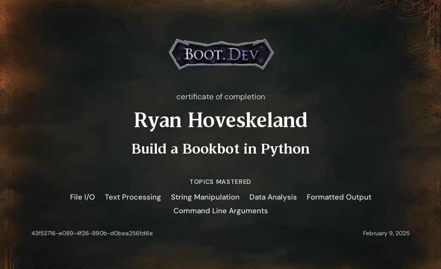 Ryan Hoveskeland's Boot.dev Build a BookBot in Python certificate