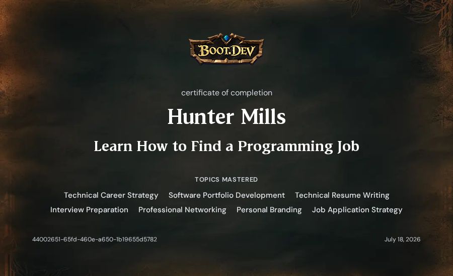 Hunter Mills's Boot.dev Learn How to Find a Programming Job certificate
