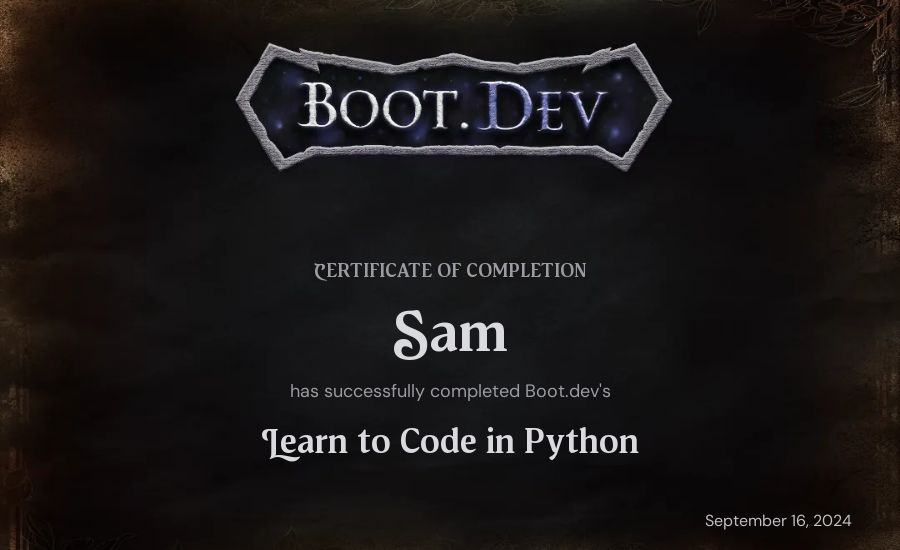 Sam's Boot.dev Introduction to Python Course certificate