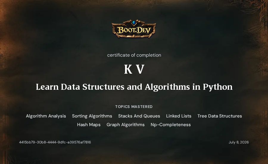 K V's Boot.dev Learn Data Structures and Algorithms in Python certificate