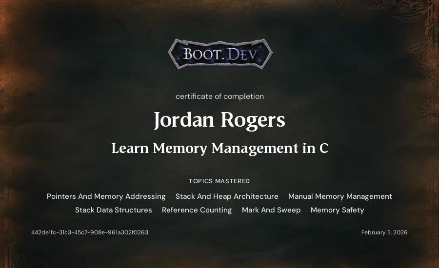 Jordan Rogers's Boot.dev Learn Memory Management in C certificate