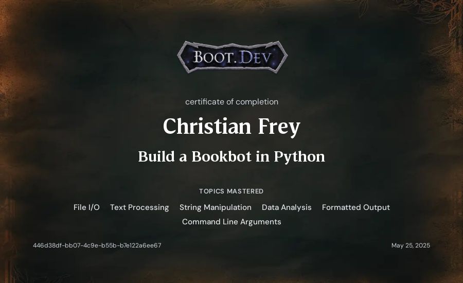Christian Frey's Boot.dev Build a BookBot in Python certificate
