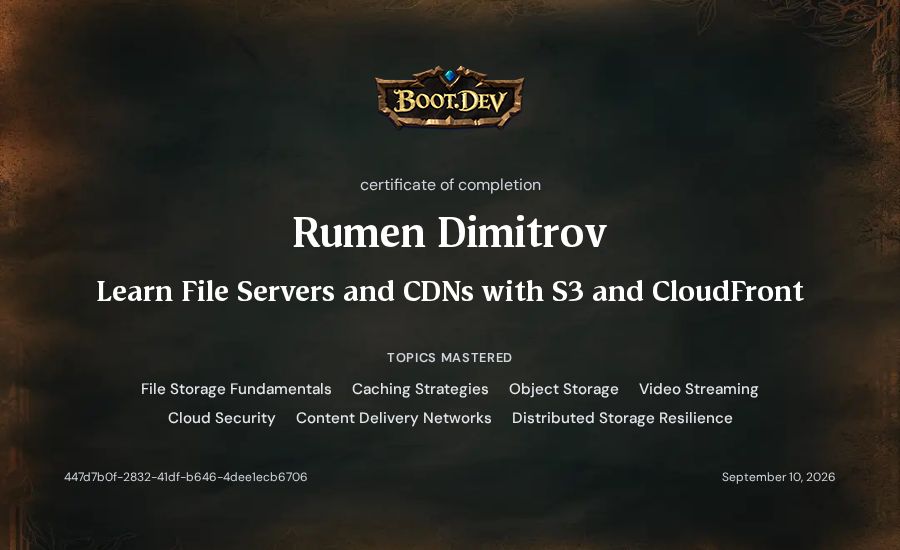 Rumen Dimitrov's Boot.dev Learn File Servers and CDNs with S3 and CloudFront certificate