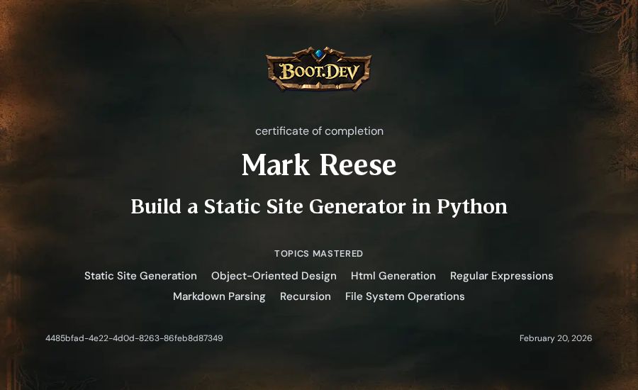 Mark Reese's Boot.dev Build a Static Site Generator in Python certificate