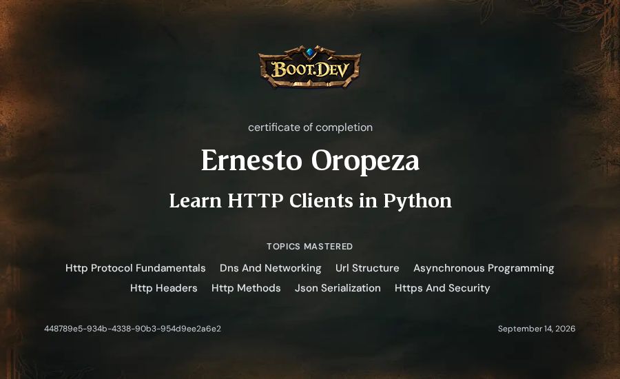 Ernesto Oropeza's Boot.dev Learn HTTP Clients in Python certificate