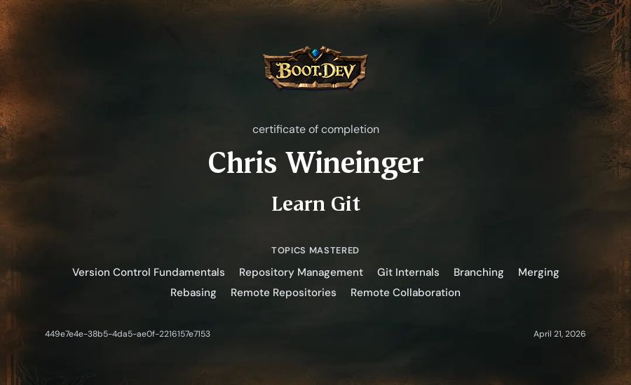 Chris Wineinger's Boot.dev Learn Git certificate