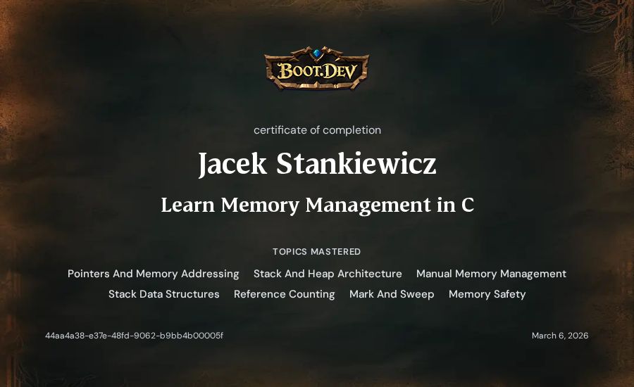 Jacek Stankiewicz's Boot.dev Learn Memory Management in C certificate