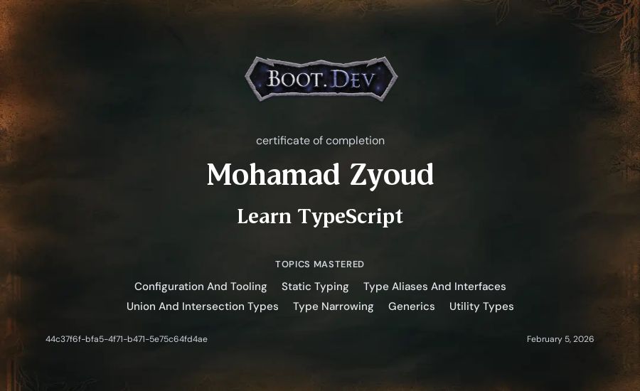 Mohammad Zyoud's Boot.dev Learn TypeScript certificate